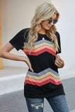 Black Black/Blue/Green/Gray Colorful Wavy Stripes Print Short Sleeve Tee LC2521961-2