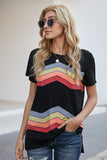 Black Black/Blue/Green/Gray Colorful Wavy Stripes Print Short Sleeve Tee LC2521961-2