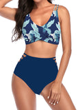 Blue Women's Bikinis Floral High Waist Sleeveless Cut-out Spaghetti Padded Unadjustable Wire-free Beach Casual Bikini Suit LC431243-5