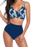 Blue Women's Bikinis Floral High Waist Sleeveless Cut-out Spaghetti Padded Unadjustable Wire-free Beach Casual Bikini Suit LC431243-5