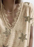 Khaki Women's T-shirts Star Print Lace Trim T-shirt LC2529015-16