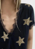 Black Women's T-shirts Star Print Lace Trim T-shirt LC2529015-2