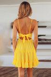 Yellow White/Black/Red/Yellow/Pink Spaghetti Straps V Neck Lace Bodice Ruffled Mini Dress LC225156-7