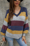 Maglione con scollo a V manica a palloncino color block a righe miste da donna