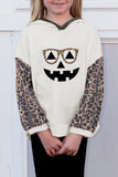 Girl's Smiling Face Print Leopard Splicing Long Sleeve Sweatshirt