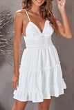 White White/Black/Red/Yellow/Pink Spaghetti Straps V Neck Lace Bodice Ruffled Mini Dress LC225156-1