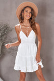 White White/Black/Red/Yellow/Pink Spaghetti Straps V Neck Lace Bodice Ruffled Mini Dress LC225156-1