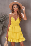 Yellow White/Black/Red/Yellow/Pink Spaghetti Straps V Neck Lace Bodice Ruffled Mini Dress LC225156-7