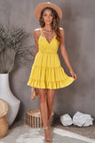 Yellow White/Black/Red/Yellow/Pink Spaghetti Straps V Neck Lace Bodice Ruffled Mini Dress LC225156-7