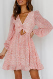 Pink Sky Blue/Pink/Orange V Neck Cutout Puff Sleeve Floral Dress LC2211241-10