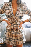 Khaki Double breasted fashion printed Plaid Wool Coat LC8512214-16