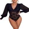 Black White/Black Bubble Sleeve Scalloped Lace Bodysuit LC32872-2