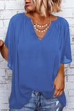 Blue Split Neck Pleated Loose Blouse LC25112686-5