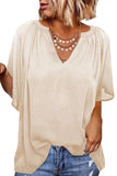 Beige Split Neck Pleated Loose Blouse LC25112686-15