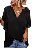 Black Split Neck Pleated Loose Blouse LC25112686-2