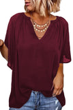 Red Split Neck Pleated Loose Blouse LC25112686-3