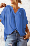 Blue Split Neck Pleated Loose Blouse LC25112686-5