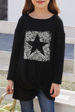 Girl's Star Leopard Color Block Ruched Long Sleeve Top