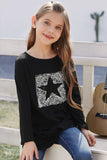 Black Girl's Star Leopard Print Crew Neck Long Sleeve Top TZ25795-2