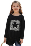 Black Girl's Star Leopard Print Crew Neck Long Sleeve Top TZ25795-2