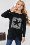 Black Girl's Star Leopard Print Crew Neck Long Sleeve Top TZ25795-2