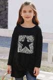 Black Girl's Star Leopard Print Crew Neck Long Sleeve Top TZ25795-2