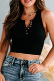 Black Solid Color Buttons Ribbed Cropped Tank Top LC2565100-2