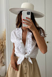 White Contrast Lace Button-up Short Sleeve Shirt LC2552359-1