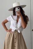 White Contrast Lace Button-up Short Sleeve Shirt LC2552359-1