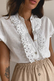 White Contrast Lace Button-up Short Sleeve Shirt LC2552359-1