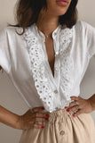 White Contrast Lace Button-up Short Sleeve Shirt LC2552359-1