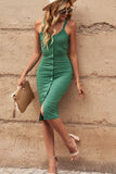 Buttoned Ribbed Sleeveless Bodycon Midi Dress