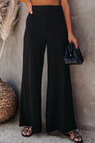 Black Ribbed Knit High Rise Wide Leg Pants LC773030-2