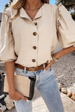 Beige Puff Sleeve Ruffled Button-up Shirt LC2552417-15