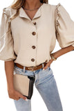 Beige Puff Sleeve Ruffled Button-up Shirt LC2552417-15