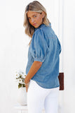 Sky Blue Puff Sleeve Pocket Front Buttons Denim Skirts LC2552418-4