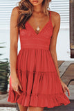 Red White/Black/Red/Yellow/Pink Spaghetti Straps V Neck Lace Bodice Ruffled Mini Dress LC225156-3