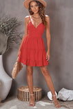 Red White/Black/Red/Yellow/Pink Spaghetti Straps V Neck Lace Bodice Ruffled Mini Dress LC225156-3