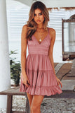 Pink White/Black/Red/Yellow/Pink Spaghetti Straps V Neck Lace Bodice Ruffled Mini Dress LC225156-13