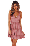 Pink White/Black/Red/Yellow/Pink Spaghetti Straps V Neck Lace Bodice Ruffled Mini Dress LC225156-13