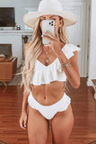 White Ruffled V Neck Bikini LC433293-1