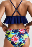 Blue Floral Print Ruffled Criss Cross Spaghetti Strap Bikini Swimsuit LC433309-5