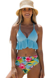 Sky Blue Floral Print Ruffled Criss Cross Spaghetti Strap Bikini Swimsuit LC433309-4