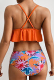 Orange Floral Print Ruffled Criss Cross Spaghetti Strap Bikini Swimsuit LC433309-14