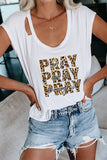 White PRAY Letter Leopard Print Short Sleeve Graphic Tee LC25214731-1