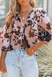 Orange Floral Print 3/4 Sleeve Puff Sleeve Button-up Shirt LC2552427-14