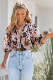 Orange Floral Print 3/4 Sleeve Puff Sleeve Button-up Shirt LC2552427-14