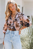 Orange Floral Print 3/4 Sleeve Puff Sleeve Button-up Shirt LC2552427-14