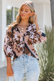 Orange Floral Print 3/4 Sleeve Puff Sleeve Button-up Shirt LC2552427-14