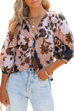 Orange Floral Print 3/4 Sleeve Puff Sleeve Button-up Shirt LC2552427-14